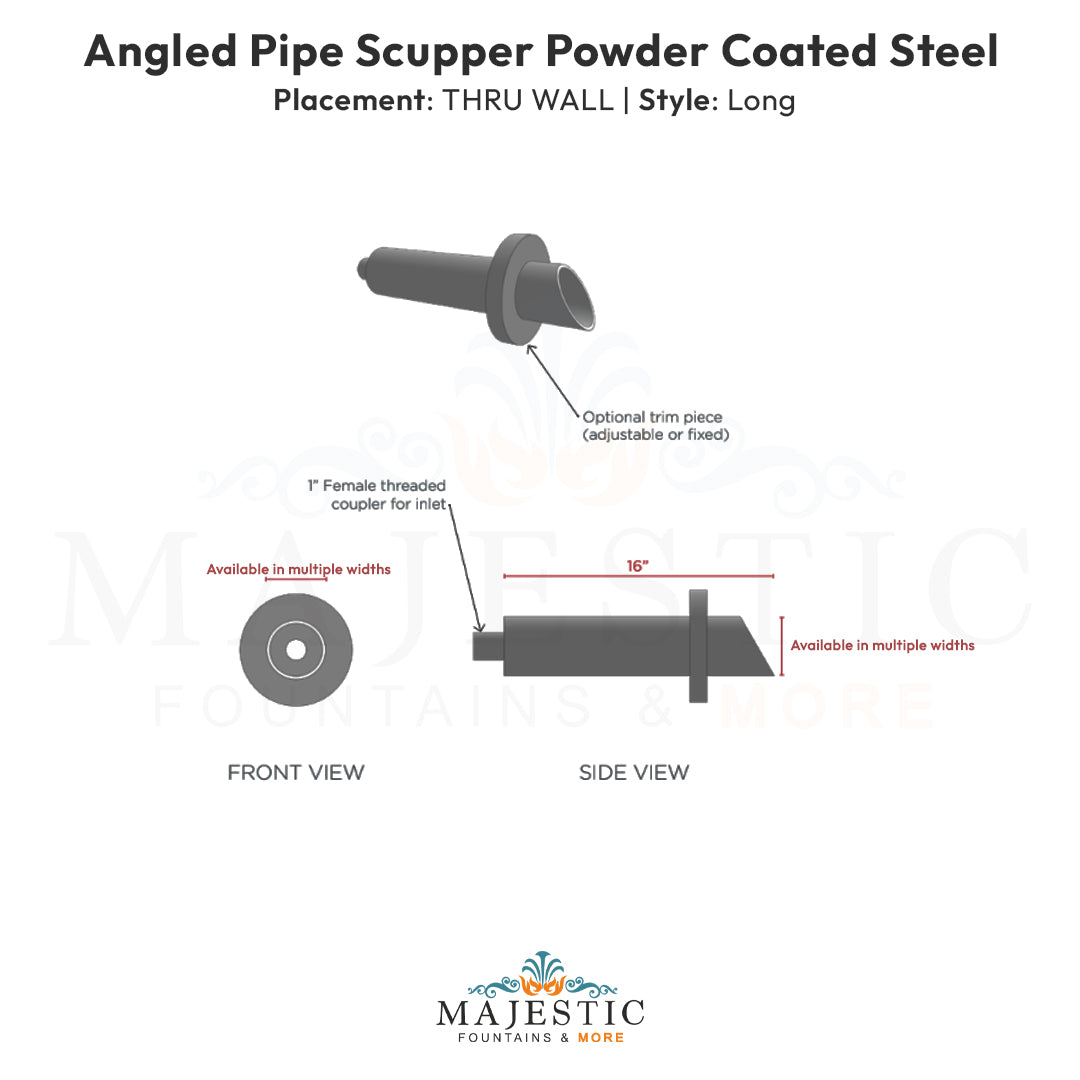 Angled Pipe Scupper Thru Wall Long - Majestic Fountains