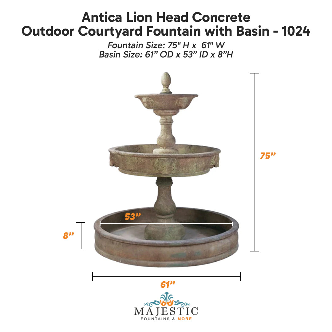 Antica Lion Head Concrete Outdoor Courtyard Fountain with Basin - 1024 - Majestic Fountains