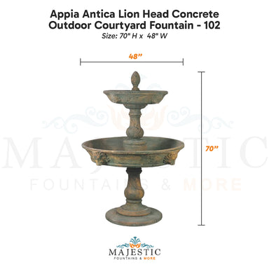 Appia Antica Lion Head Concrete Outdoor Courtyard Fountain - 102 Size - Majestic Fountains