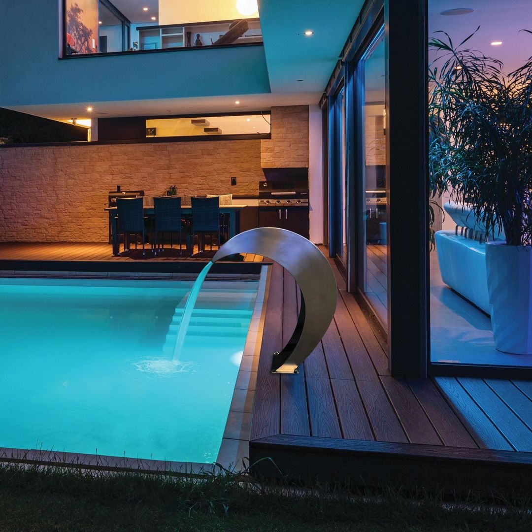 Aura Freestanding Waterfall in 316 Marine Grade Stainless Steel by Grand Effects - Majestic Fountains and More.