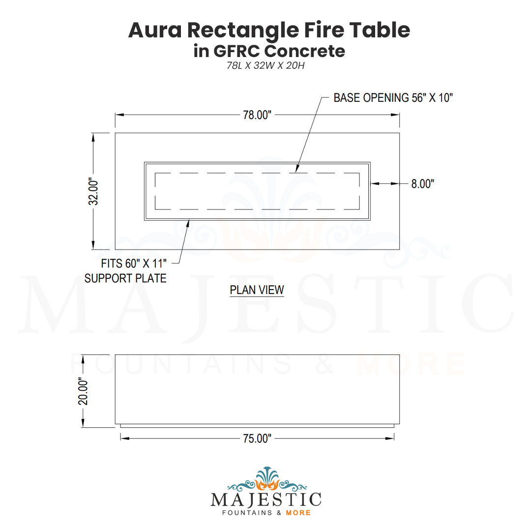 Aura Rectangle Fire Table in GFRC Concrete - Majestic Fountains
