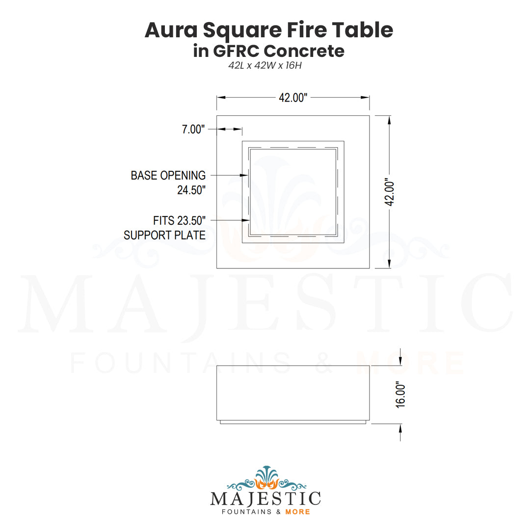Aura Square Fire Table in GFRC Concrete - Majestic Fountains