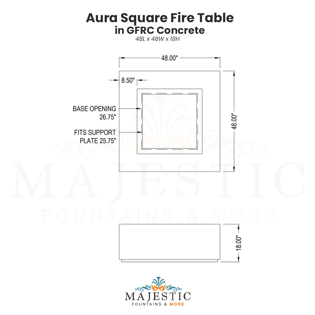 Aura Square Fire Table in GFRC Concrete - Majestic Fountains
