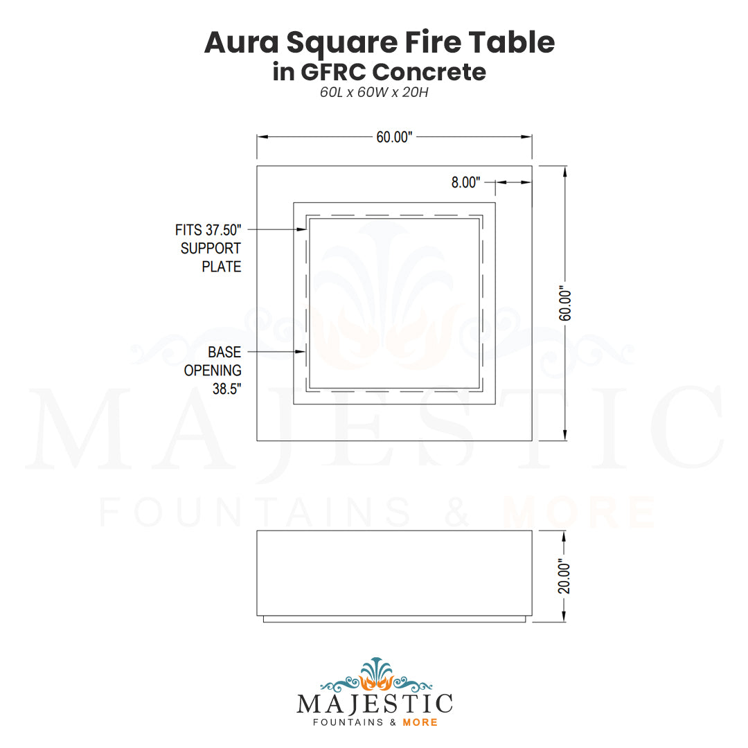 Aura Square Fire Table in GFRC Concrete - Majestic Fountains
