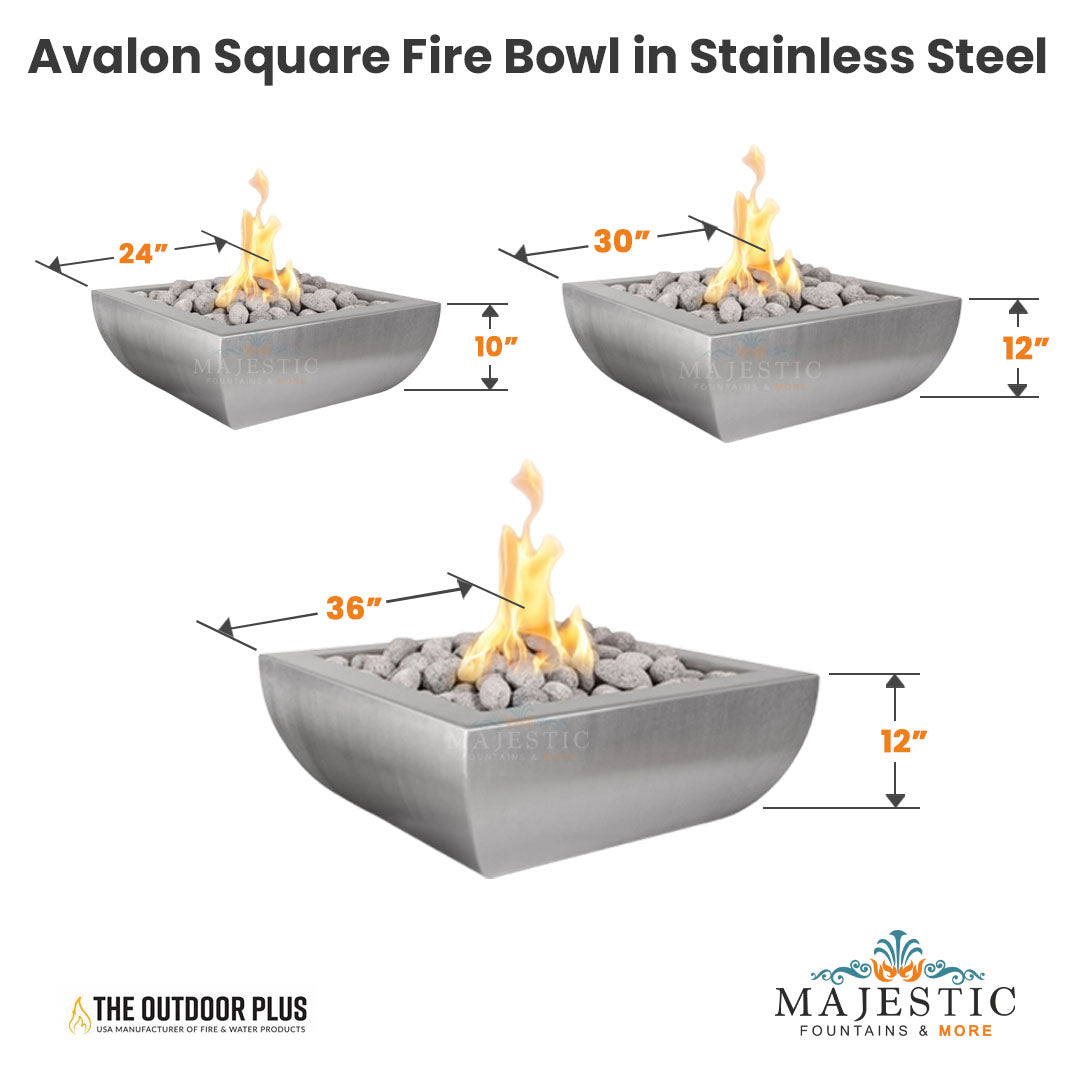 Avalon Square Fire Bowl in Stainless Steel - Majestic Fountains
