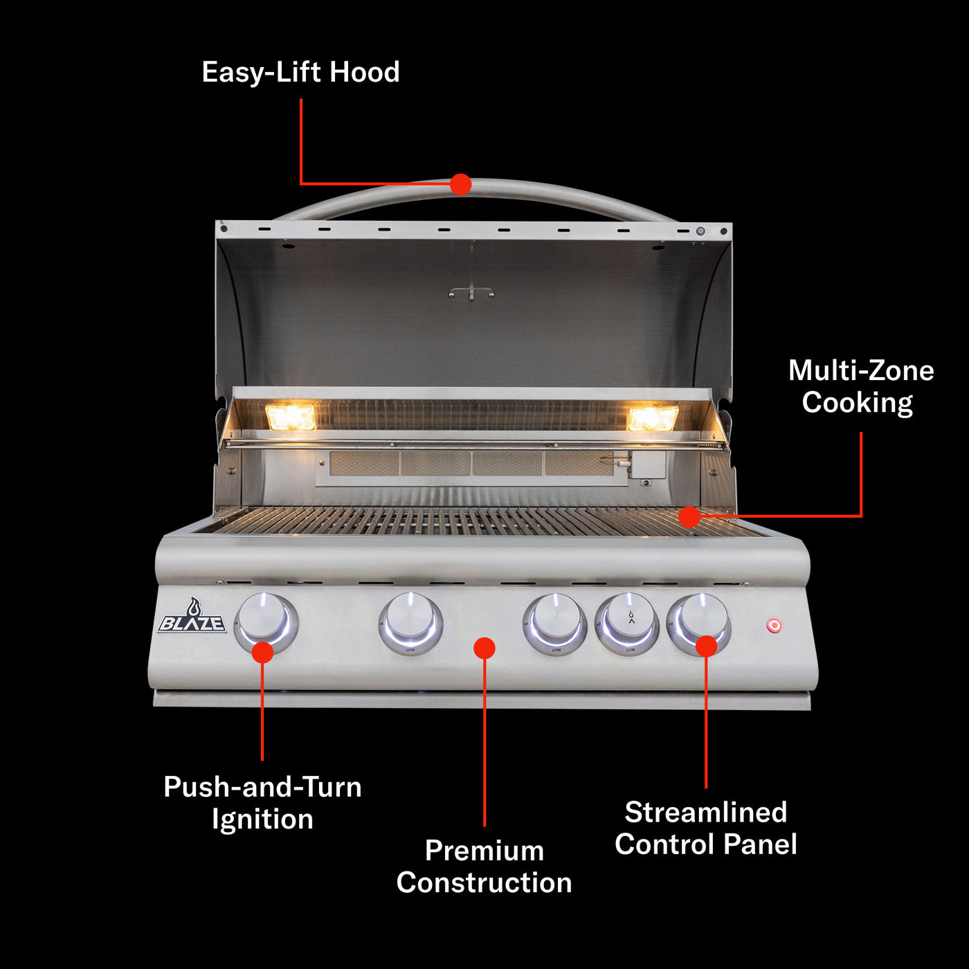 Blaze Premium LTE+ open hood showing cooking grates and burners
