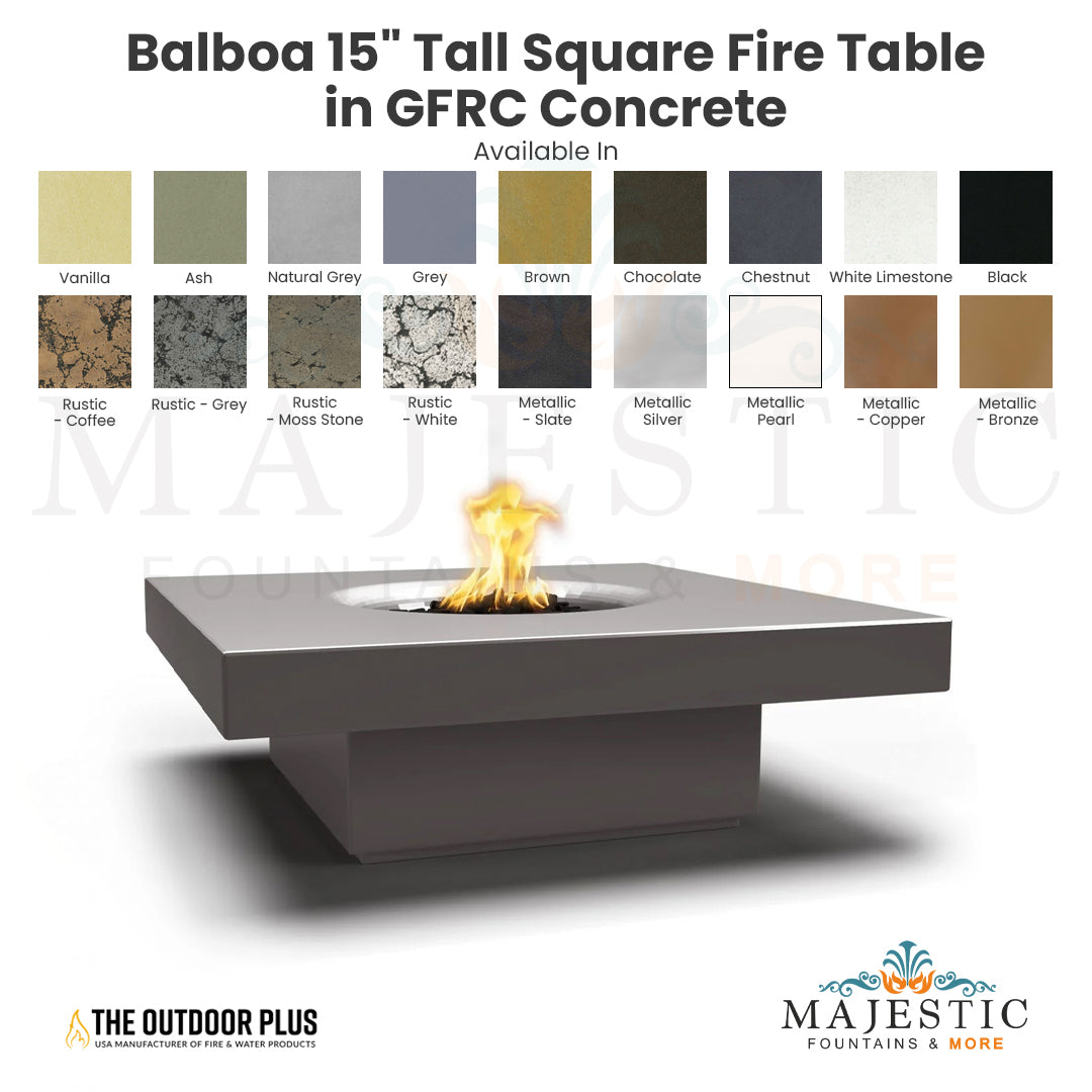 Balboa 15 Tall Square Fire Table in GFRC Concrete - Majestic Fountains