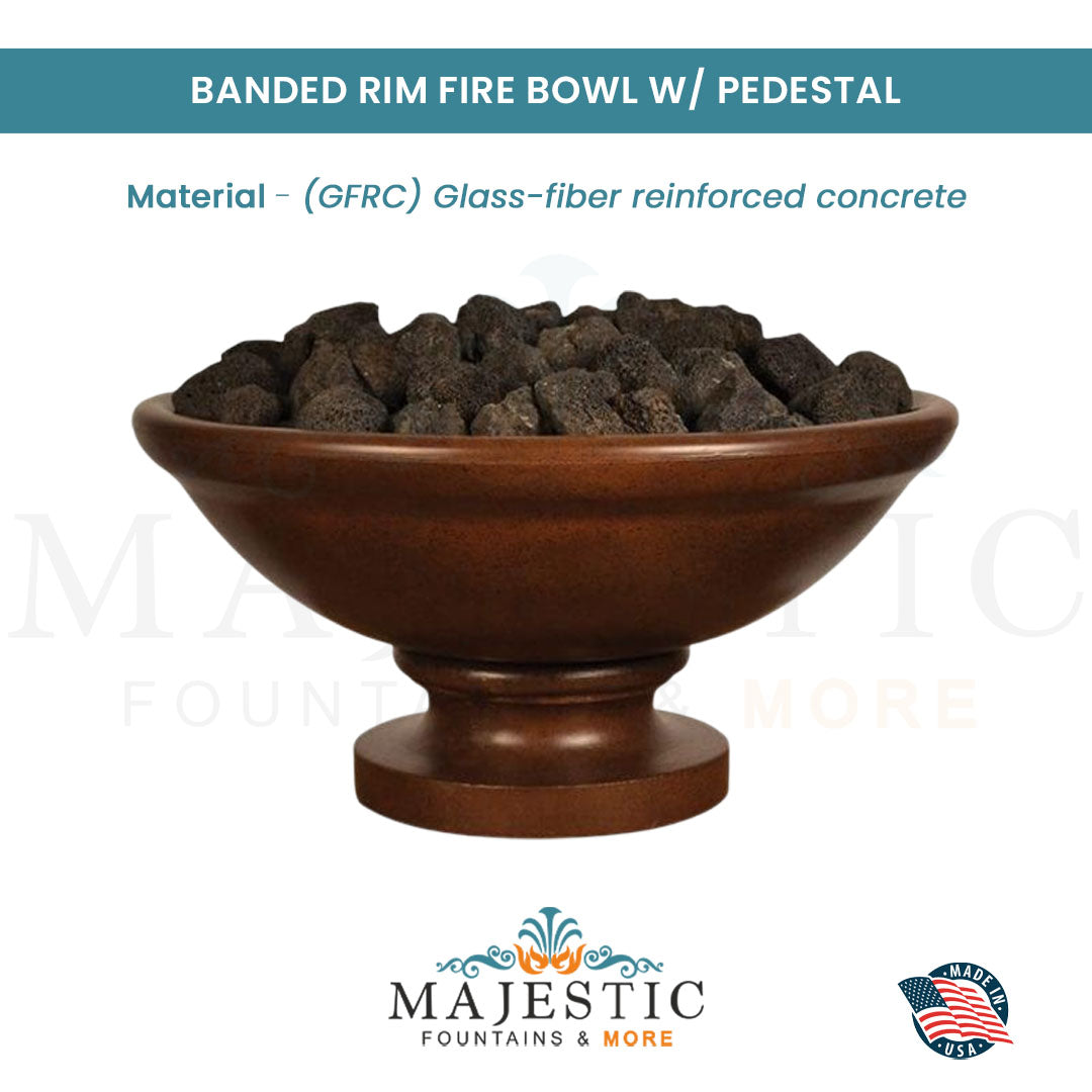 Banded Rim Fire Bowl W/ Pedestal in GFRC Concrete - Majestic Fountains