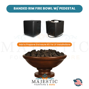 Banded Rim Fire Bowl W Pedestal in GFRC Concrete Propane Enclosure Kit - Majestic Fountains and More