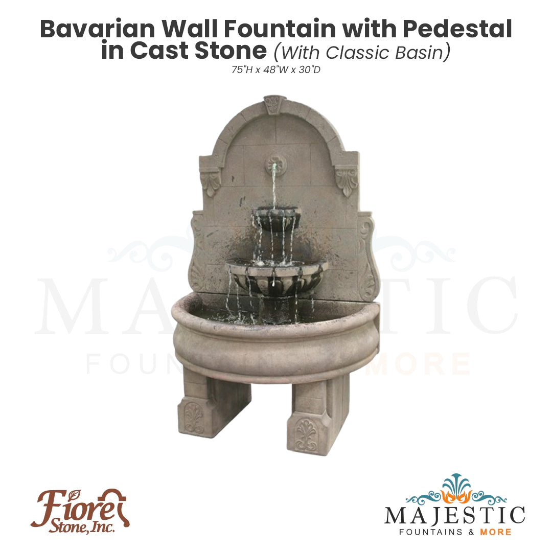 Bavarian Wall Fountain with Pedestal in Cast Stone - Fiore Stone LG139-FWL & LG139-FWDL - Majestic Fountains