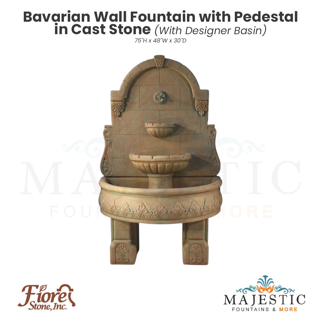 Bavarian Wall Fountain with Pedestal in Cast Stone - Fiore Stone LG139-FWL & LG139-FWDL - Majestic Fountains