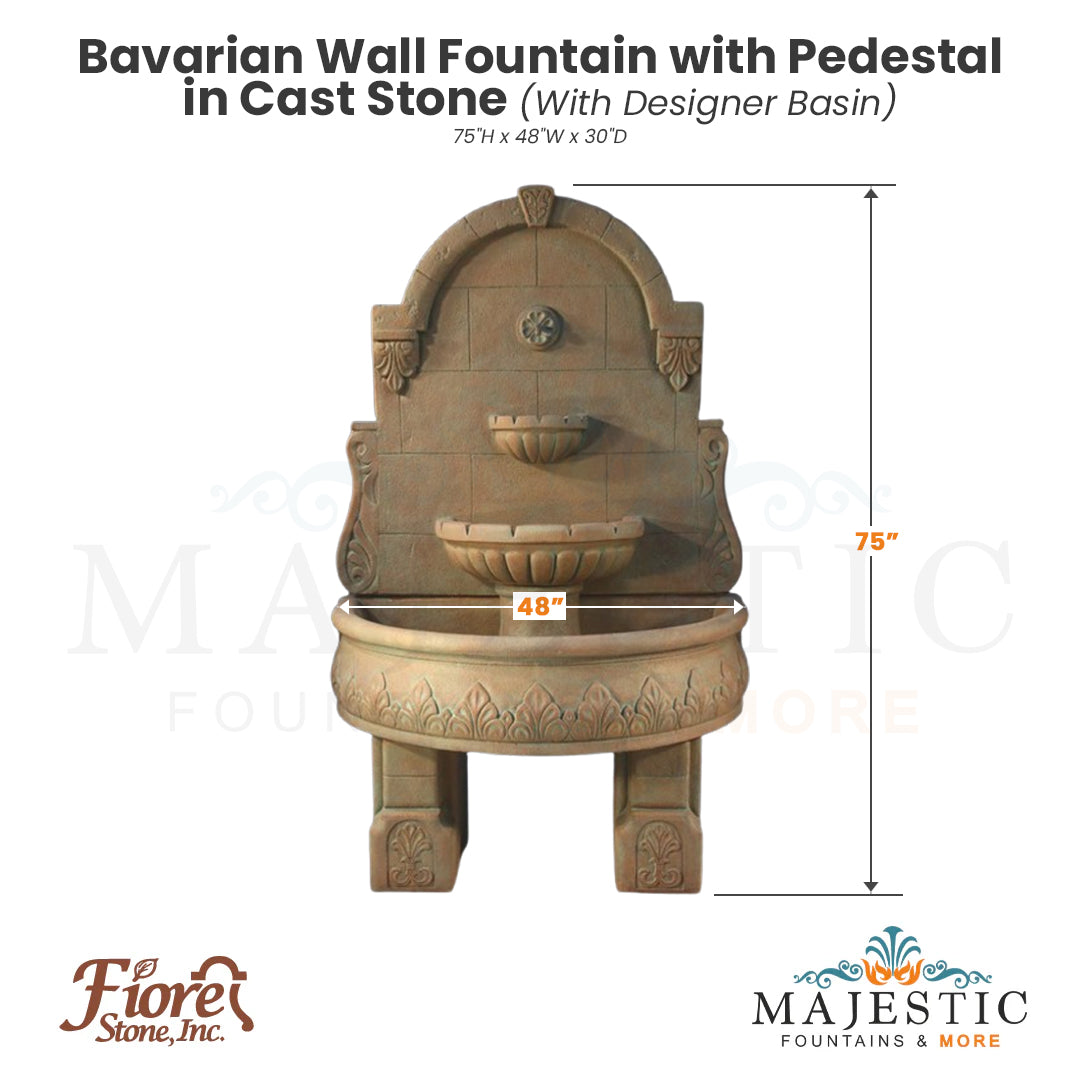 Bavarian Wall Fountain with Pedestal in Cast Stone - Fiore Stone LG139-FWL & LG139-FWDL - Majestic Fountains
