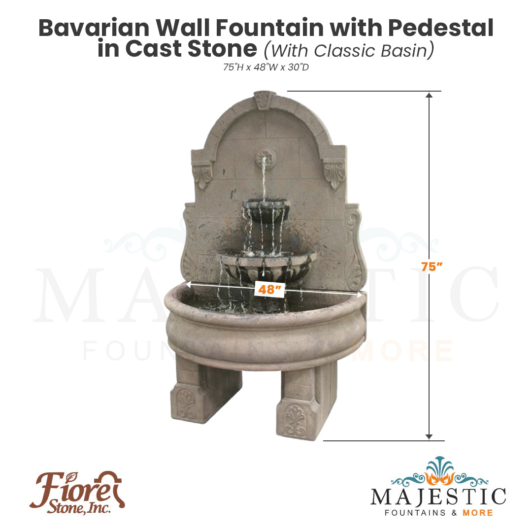 Bavarian Wall Fountain with Pedestal in Cast Stone - Fiore Stone LG139-FWL & LG139-FWDL - Majestic Fountains