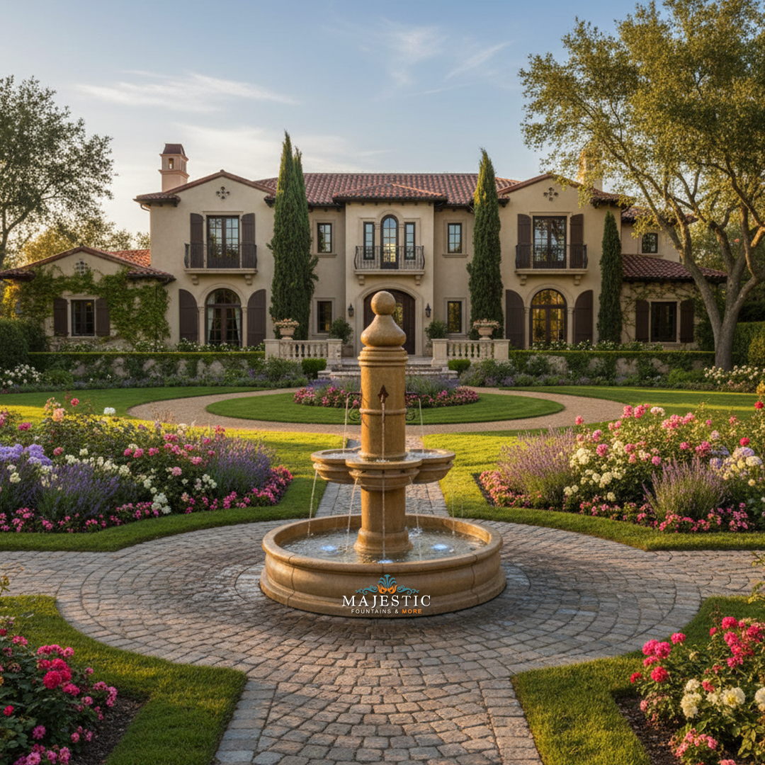 Beaumont Cast Stone Outdoor Courtyard Fountain With Basin - Rustic Iron or Bronze Spouts - 1638 - Majestic Fountains