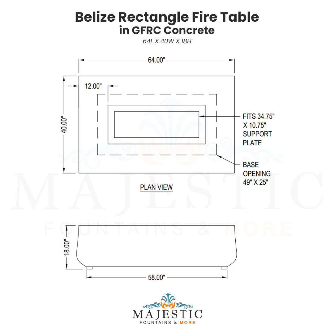 Belize Rectangle Fire Table in GFRC Concrete - Majestic Fountains
