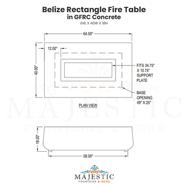 Belize Rectangle Fire Table in GFRC Concrete - Majestic Fountains