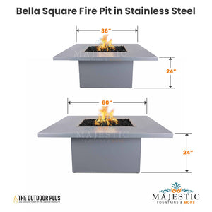 Plus Bella Square Fire Pit in Stainless Steel Size -  Majestic Fountains