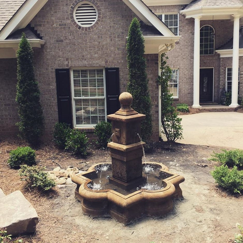 Bella Fountain with 66inch Quatrefoil Basin in Cast Stone - Fiore Stone 235-FAQ - Majestic Fountains and More