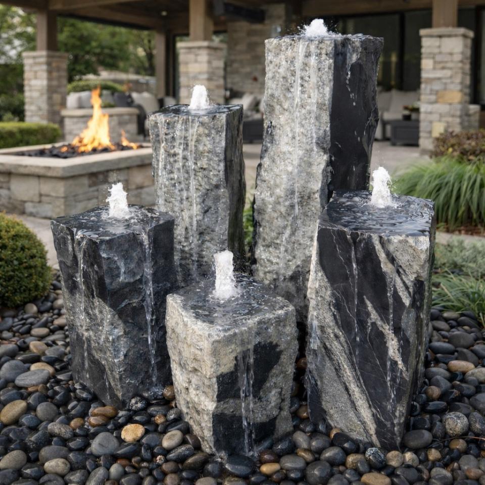 Black Flower Granite Five Peak Fountain - Complete Fountain Kit