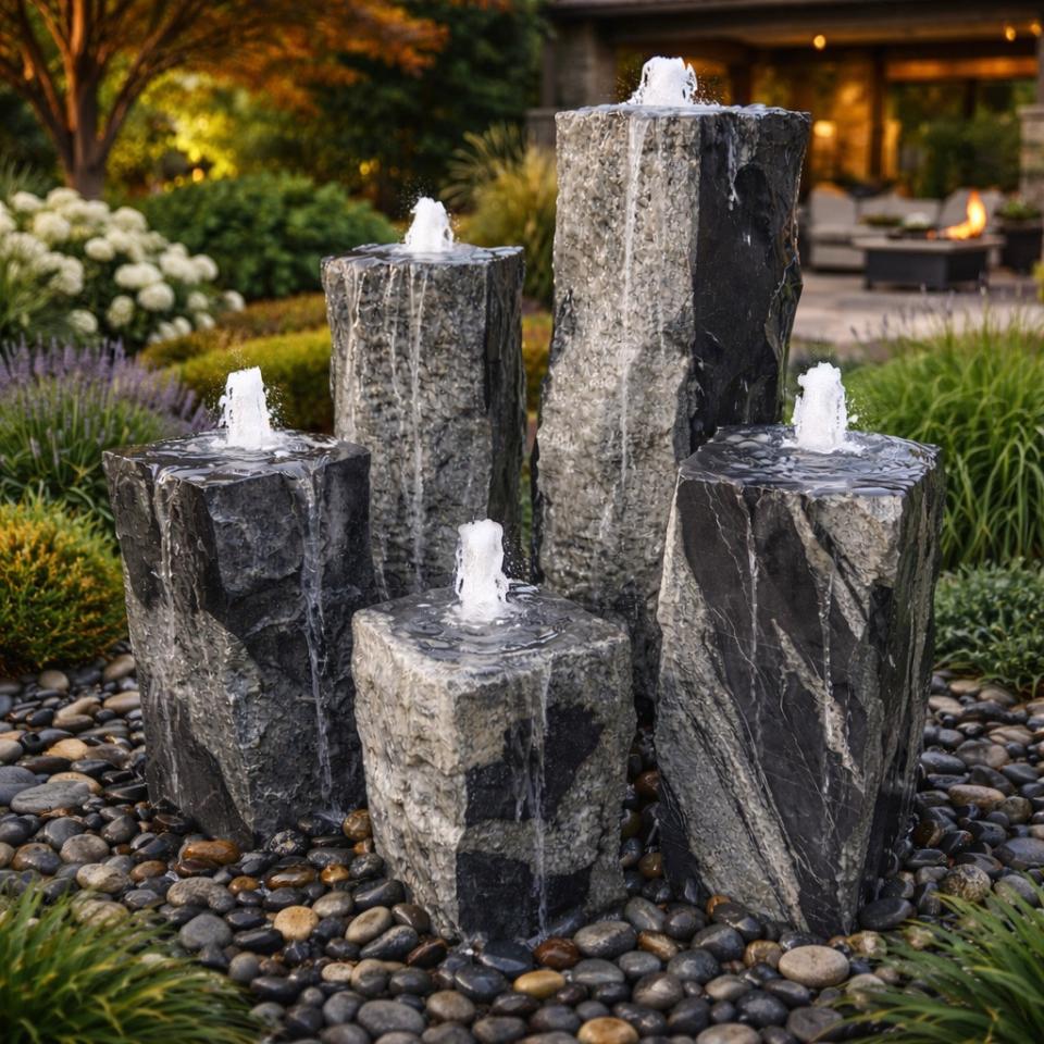 Black Flower Granite Five Peak Fountain - Complete Fountain Kit