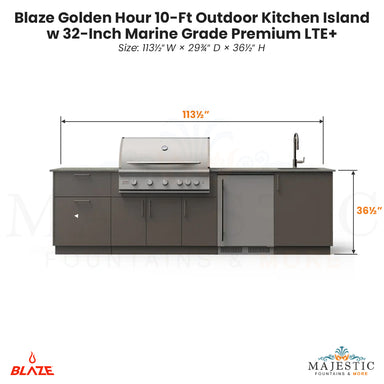 Blaze Golden Hour 10-Ft Outdoor Kitchen Island w 32-Inch Marine Grade Premium LTE+ - Majestic Fountains