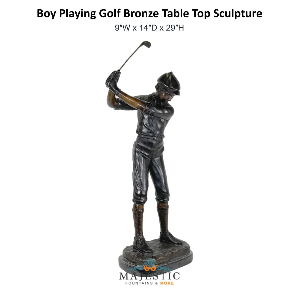 Boy Playing Golf Bronze Table Top Sculpture - Majestic Fountains and More