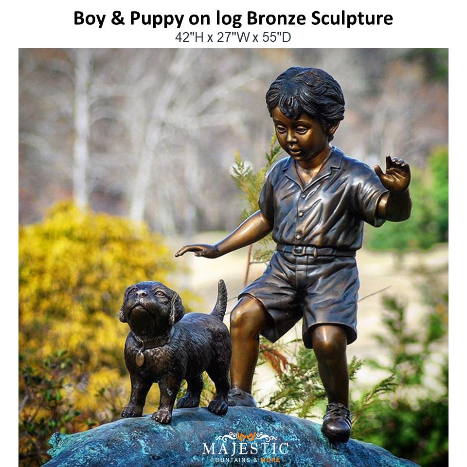Boy & Puppy on log Bronze Sculpture - Majestic Fountains and More