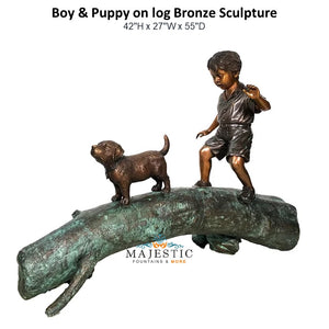 Boy & Puppy on log Bronze Sculpture - Majestic Fountains and More
