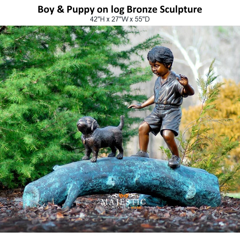 Boy & Puppy on log Bronze Sculpture - Majestic Fountains