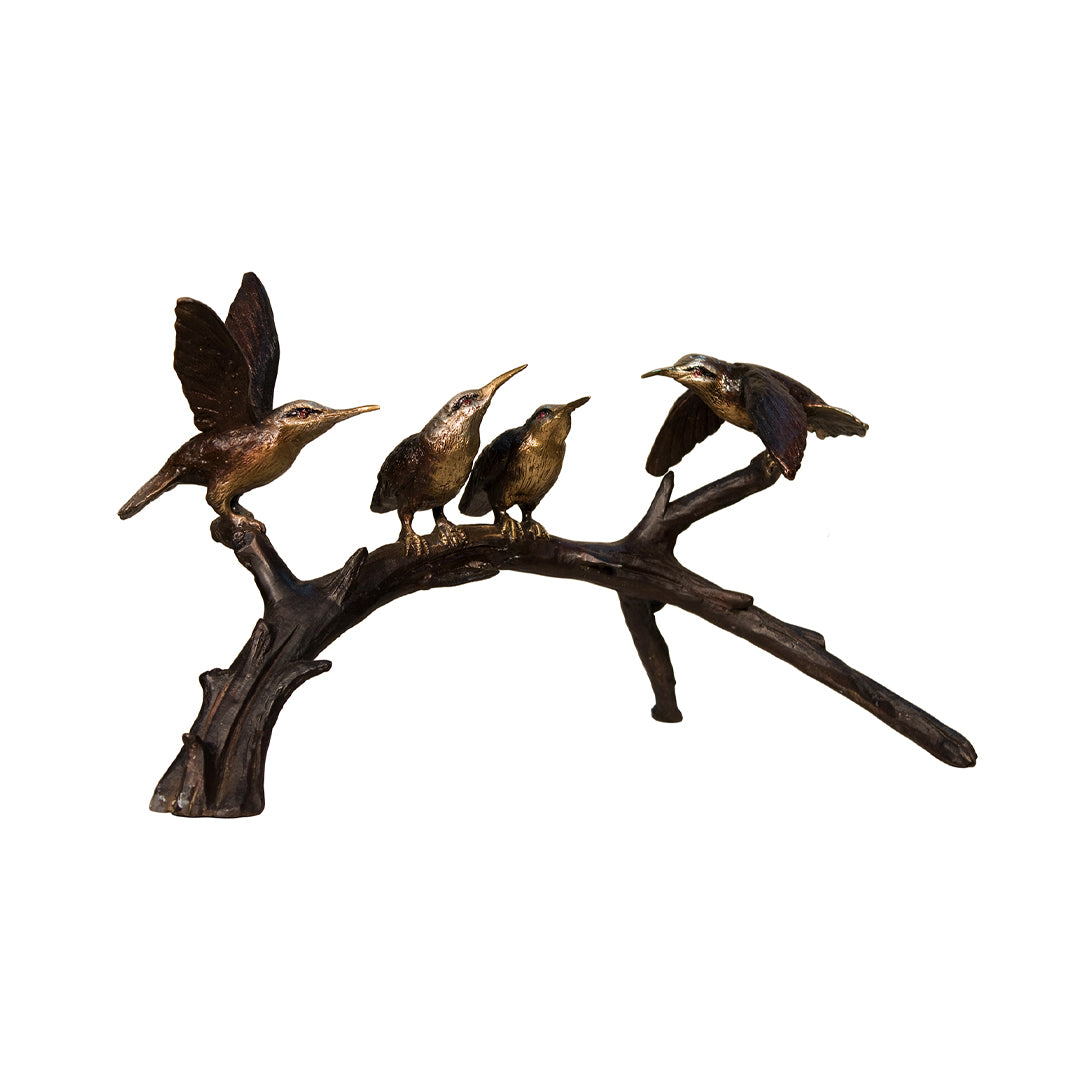 Brunette Hummingbirds on Branch Bronze Table Top Sculpture - Majestic Fountains