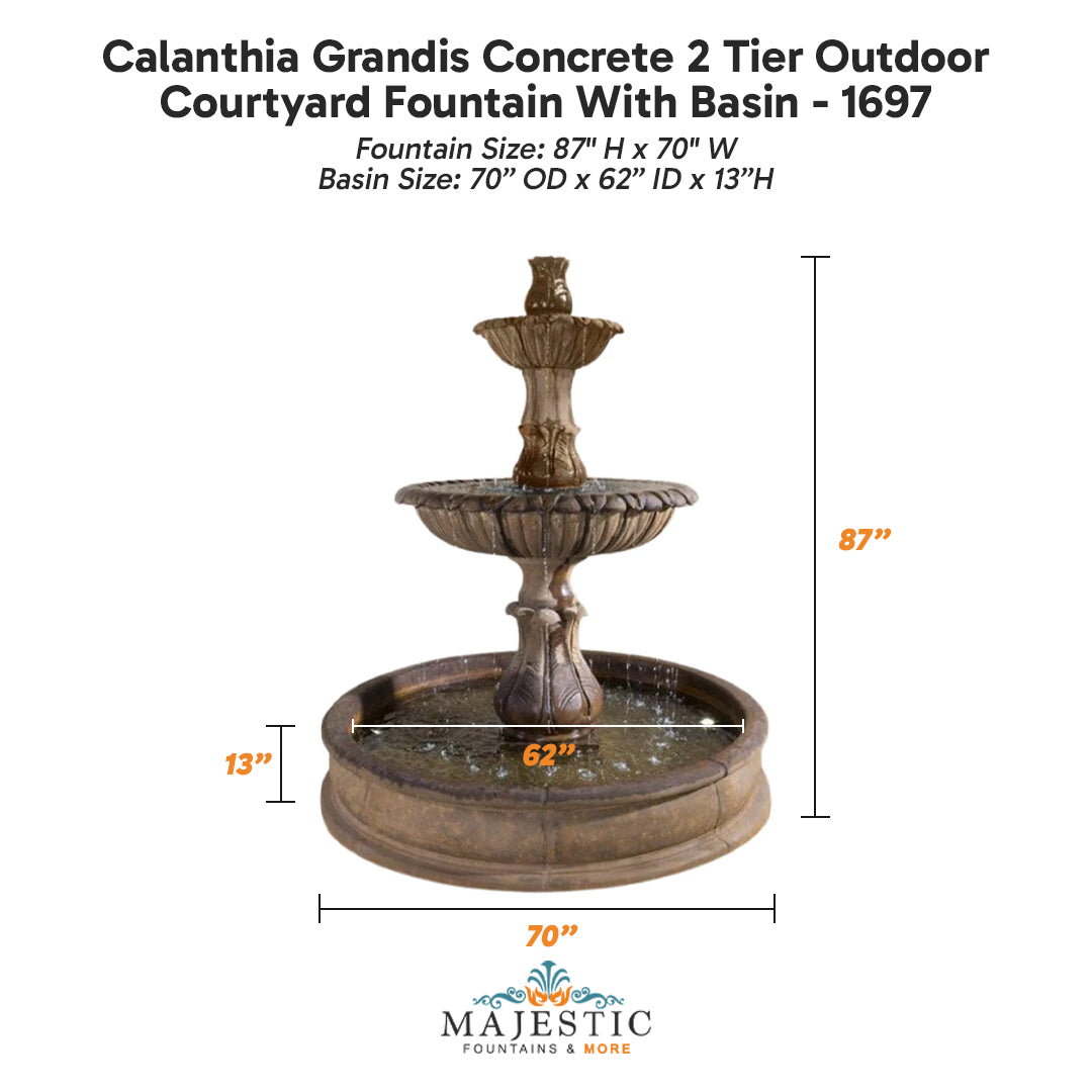 Calanthia Grandis Concrete 2 Tier Outdoor Courtyard Fountain With Basin - 1697 - Majestic Fountains