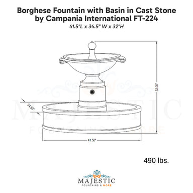 Campania Borghese Fountain with Basin in Cast Stone FT-224 - Majestic Fountains