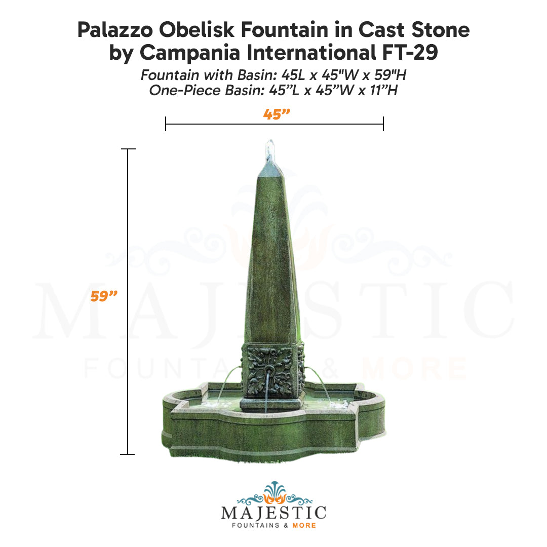 Campania Palazzo Obelisk Fountain in Cast Stone FT-29 - Majestic Fountains