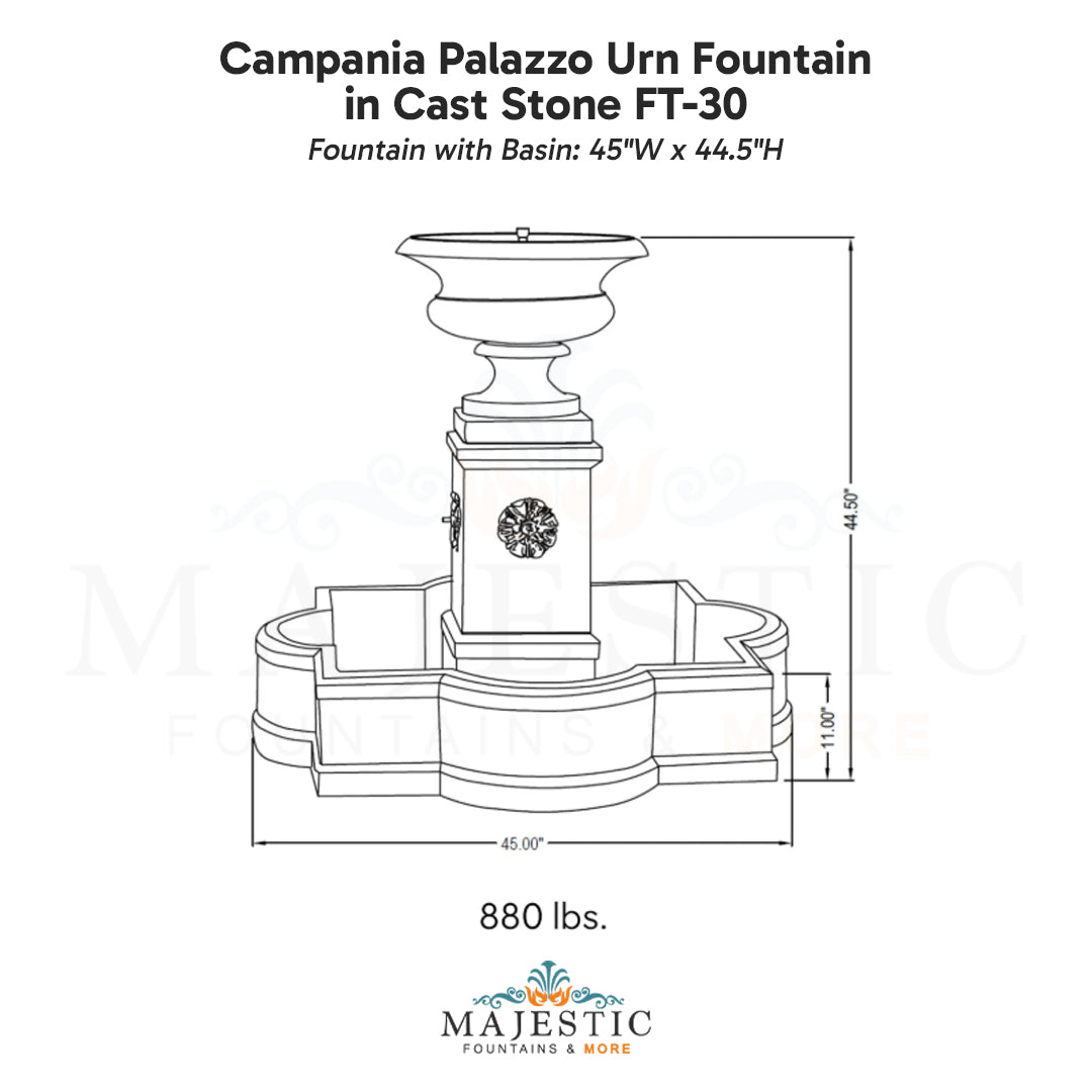 Campania Palazzo Urn Fountain in Cast Stone FT-30 - Majestic Fountains