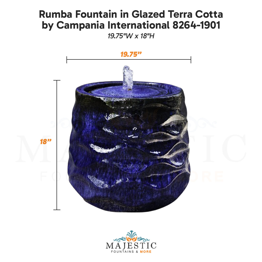 Campania Rumba Fountain glazed pottery dimension drawing showing the 19.75 inch width and 18 inch height in blue