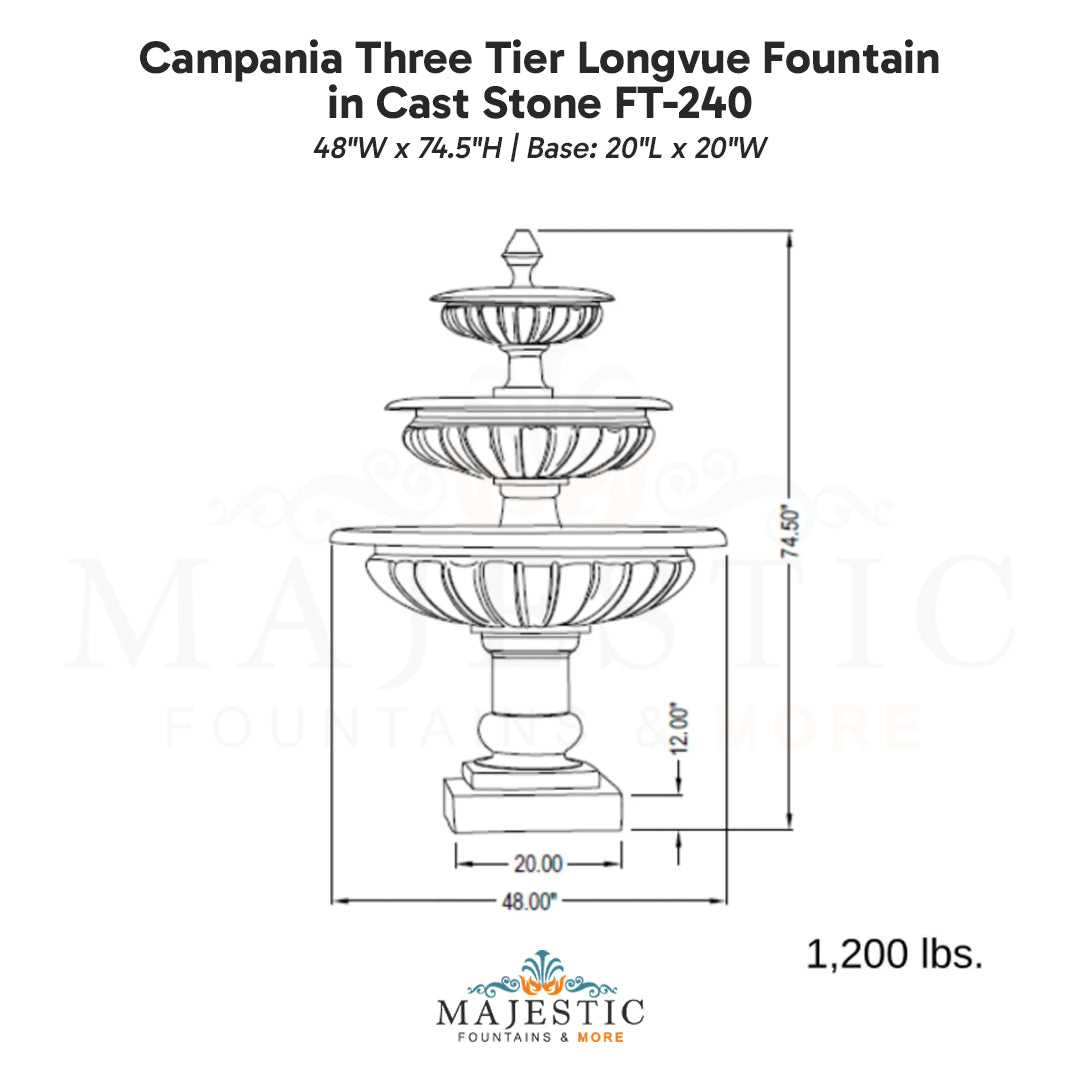 Campania Three Tier Longvue Fountain in Cast Stone FT-240 - Majestic Fountains