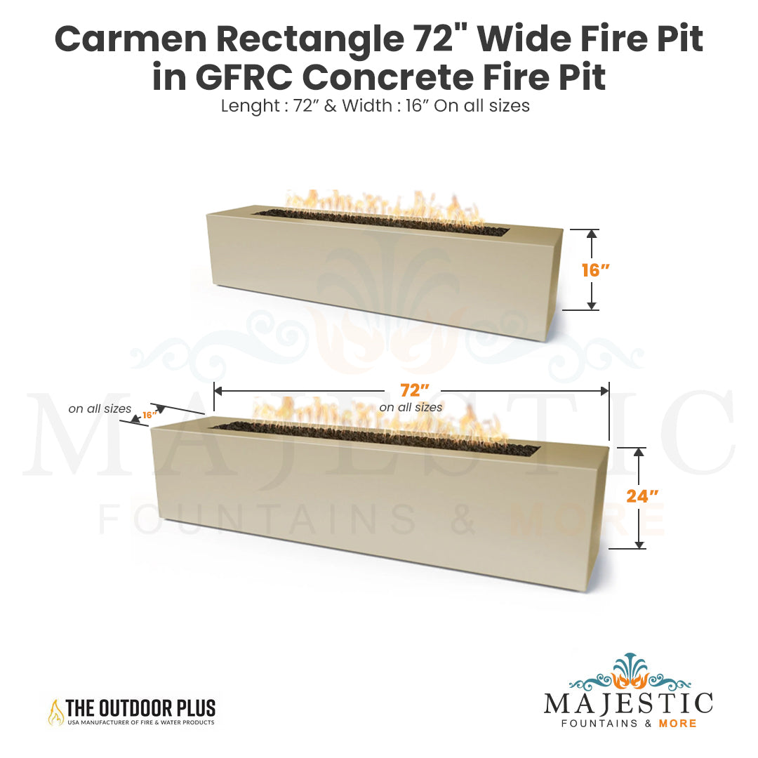 Carmen Rectangle 72 Wide Fire Pit in GFRC Concrete - Majestic Fountains