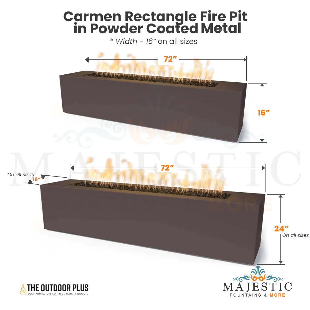 Carmen Rectangle Fire Pit in Powder Coated Steel  - Majestic Fountains