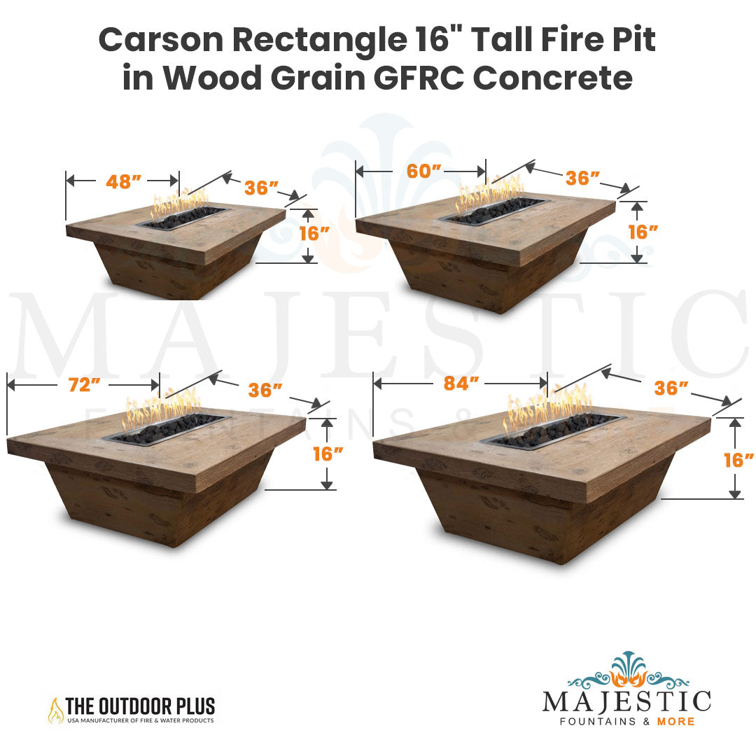 Carson Rectangle 16" Tall Fire Pit in Wood Grain GFRC Concrete - Majestic Fountains