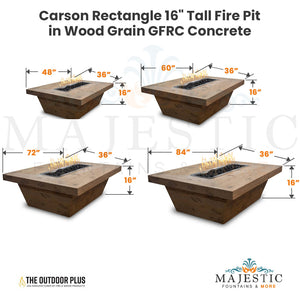 Carson Rectangle 16" Tall Fire Pit in Wood Grain GFRC Concrete Size - Majestic Fountains