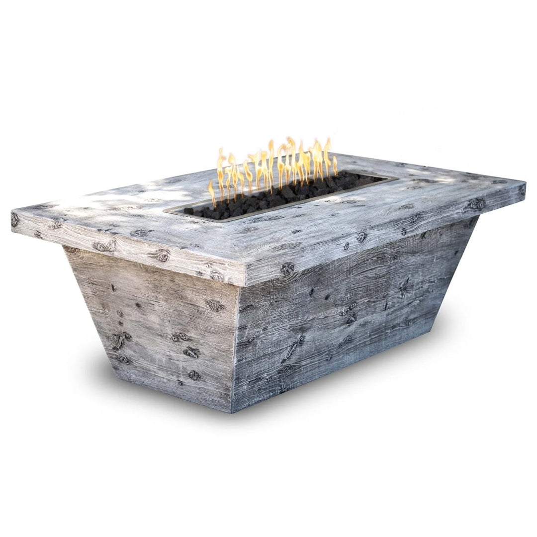 Carson Rectangle 24" Tall Fire Pit in Wood Grain GFRC Concrete Size - Majestic Fountains