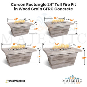 Carson Rectangle 24" Tall Fire Pit in Wood Grain GFRC Concrete - Majestic Fountains