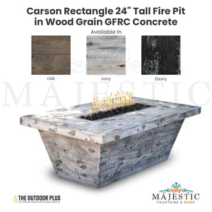 Carson Rectangle 24" Tall Fire Pit in Wood Grain GFRC Concrete Size  - Majestic Fountains