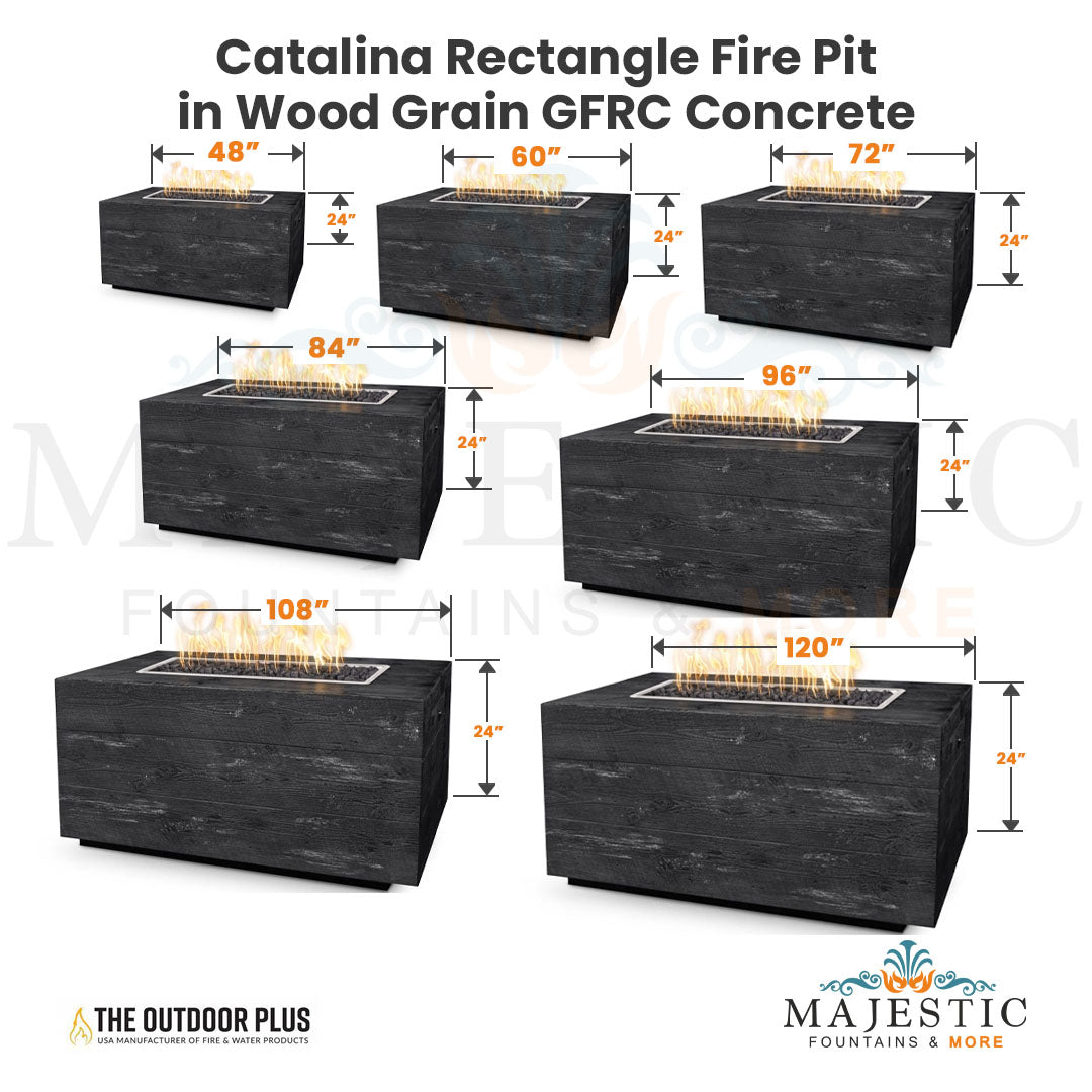 Catalina Rectangle Fire Pit in Wood Grain GFRC Concrete - Majestic Fountains