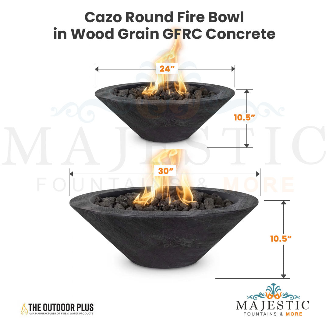 Cazo Round Fire Bowl in Wood Grain GFRC Concrete - Majestic Fountains