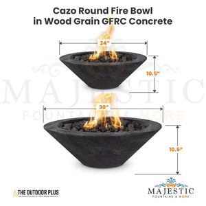 Cazo Round Fire Bowl in Wood Grain GFRC Concrete Size  - Majestic Fountains