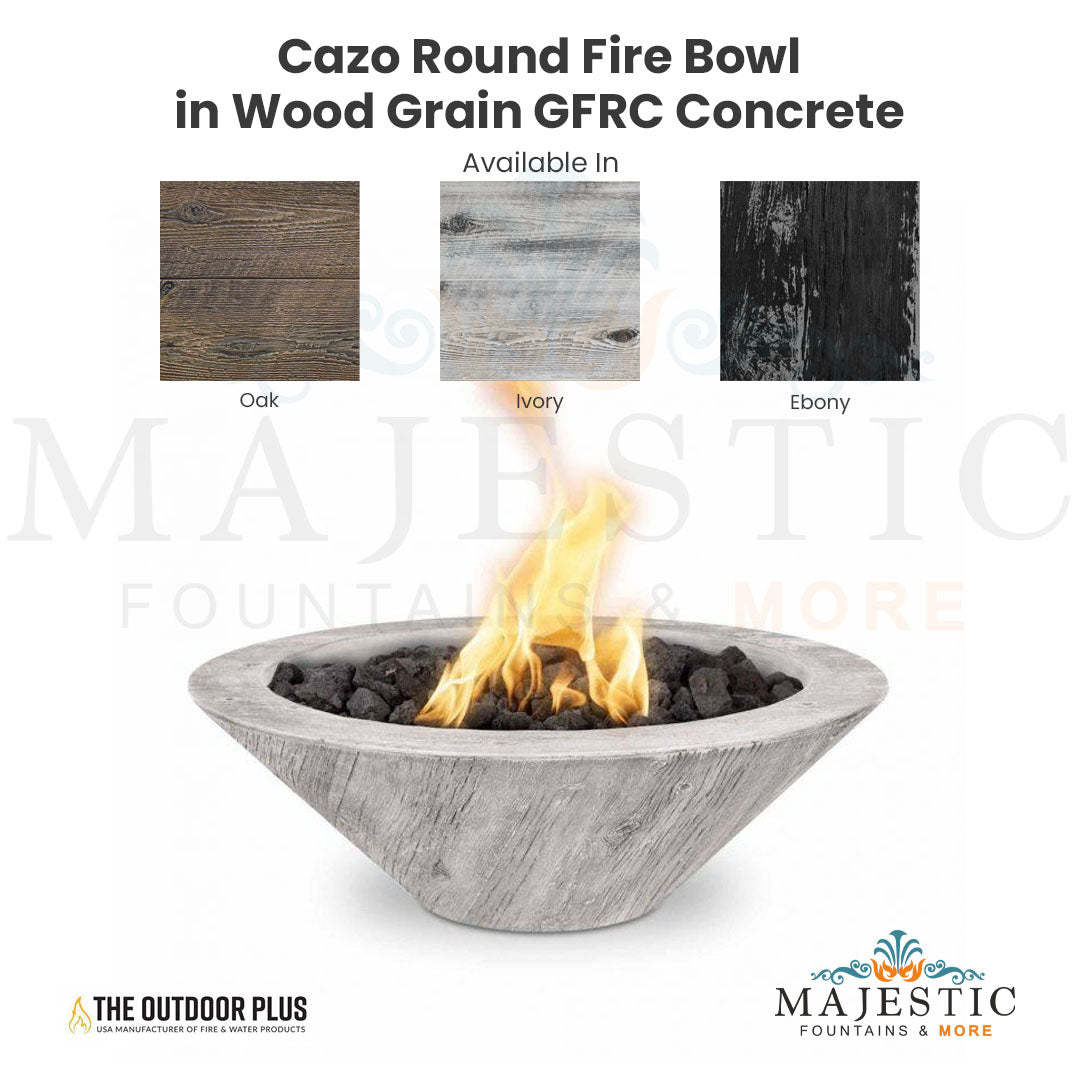 Cazo Round Fire Bowl in Wood Grain GFRC Concrete - Majestic Fountains