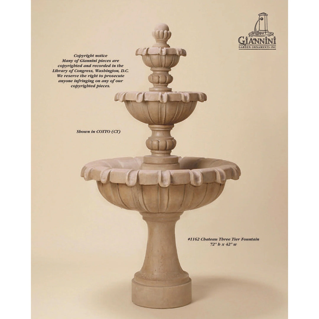 Chateau Concrete 3 Tier - Outdoor Courtyard Fountain - 1162 studio shot in Cotto finish, 72 inch height by 42 inch width