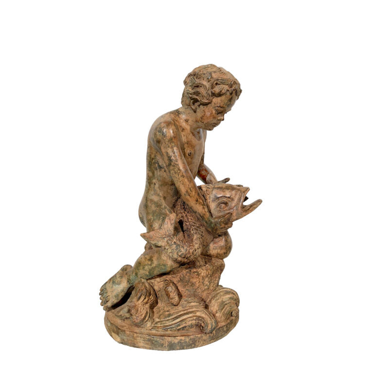 Cherub Boy Holding Fish Bronze Fountain Sculpture