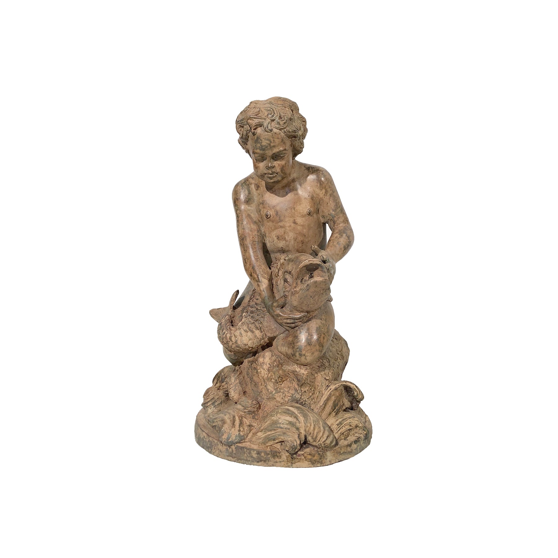 Cherub Boy Holding Fish Bronze Fountain Sculpture